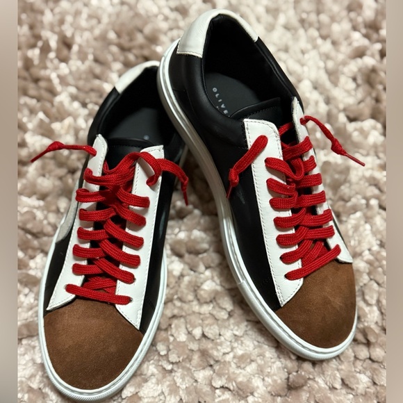 Oliver Cabell Men's Black, White, and Tan Sneakers with Red Laces - Picture 1 of 5